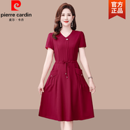 皮爾卡丹（PIERRE CARDIN）氣質(zhì)媽媽裝新款短袖連衣裙遮肉顯瘦中年女時(shí)尚中長(zhǎng)裙系帶顯瘦裙子 紅色 XL 90-105斤