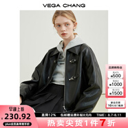 VEGA CHANG機車風皮衣女春秋季2025年韓版bf風一字扣PU皮夾克短外套 黑色 L