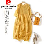皮爾卡丹（pierre cardin）復(fù)古壓褶棉麻短袖連衣裙女2025夏季新款媽m媽寬松顯瘦亞麻中長(zhǎng)裙 黃色版闊太太洋氣高貴連衣裙/小 XL 1XL （建議130-145斤）