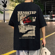 花花公子短袖t恤男夏季美式潮牌2025新款寬松半袖港風復古純棉重磅體恤衫t 黑色 M