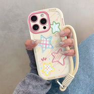 屹川（YICHUAN）適用蘋果15/pro/max手機殼 iPhone15plus全包防摔新款卡通高級感泡芙硅膠軟殼可愛英文kt貓女款 【古董白】彩五角星-贈保護(hù)膜+手繩 蘋果15