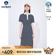 Navigare意大利小帆船女全棉POLO長裙條紋短袖連衣裙2322874507 藍/白 M 