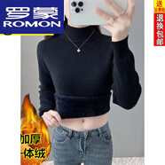 羅蒙（ROMON）羊毛秋冬加絨毛衣女加厚一體絨內搭半高領(lǐng)套頭打底針織衫保暖上衣 黑色一體絨 L