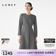 朗姿/LANCY秋冬新款黑色圓領羊毛格子連衣裙子女收腰口袋氣質 黑色 L
