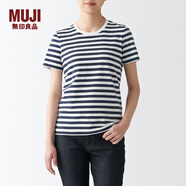 無印良品 MUJI 女式 天竺編織 T恤 短袖 正肩T恤 BBA01A2S 深藏青色條紋 L（165/88A）