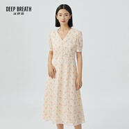 深呼吸DEEP BREATH女裝法式V領氣質(zhì)收腰碎花連衣裙A500197 杏-橘粉 M (3碼)
