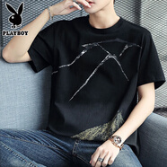 花花公子（PLAYBOY）純棉短袖t恤男士2025新款半袖體恤衫寬松潮流夏季男裝上衣服 Z829黑色 XL 【建議128-143斤】