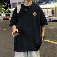 花花公子純棉寬松短袖T恤男夏季2025新款卡通半袖港風(fēng)chic潮牌男生體恤衫 黑色 M