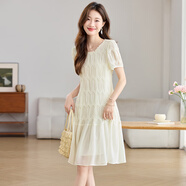 clotho Rennie品牌女裝白色蕾絲連衣裙女夏季2025新款小個子遮肚子顯瘦減齡裙子 白色 M