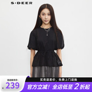 S.DEER圣迪奧女裝時尚圓領(lǐng)壓褶雪紡泡泡袖T恤S23280102 黑色/91 S 160