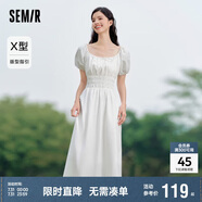 森馬連衣裙女溫柔氣質白月光夏季法式方領收腰中長裙107424114036