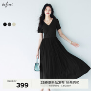 伊芙麗（eifini）【天鵝裙】伊芙麗V領(lǐng)針織拼接顯瘦設(shè)計(jì)感短袖連衣裙2025春季新款 黑色 S 80-105斤