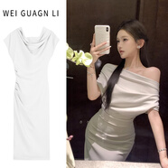 微光里露肩性感收腰氣質(zhì)褶皺連衣裙子女裝夏季法式小禮服長裙連身裙衣服 灰杏色M碼【90-100斤】