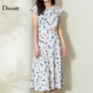 Ditto/迪圖2025秋季新款休閑時(shí)尚收腰印花無(wú)袖女百搭連衣裙 淺藍 S