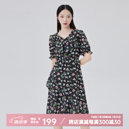 艾萊依（ERAL）商場同款連衣裙女泡泡袖花影連衣裙V領設計感碎花裙子小清新長裙 黑底色花 M 160/84A