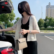 AEMAPE2025春夏季新款女士薄款短袖鏤空針織開衫外套配吊帶長裙罩衫披肩 杏色 L (160) 100-110斤