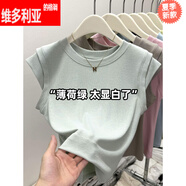 維多利亞的格調(diào)純色圓領小飛袖正肩T恤女2025新款緊身短款上衣設計感無袖體恤夏 薄荷綠 M 【80-100斤】