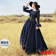 萱眸港式秋冬新款威婭紀(jì)連衣裙優(yōu)雅時(shí)尚氣質(zhì)燈芯絨復(fù)古拖地大擺長裙子 藍(lán)色喇叭/袖-禮服晚宴服 M -禮服晚宴服