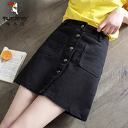 啄木鳥(niǎo)牛仔短裙女半身裙a型春裝排扣百搭一步裙傘裙高腰A字裙包臀裙夏季 黑色 M