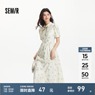 森馬連衣裙女泡泡袖雪紡肌理碎花裙浪漫夏小立領(lǐng)盤扣鏤空長裙國風(fēng) 白綠色調(diào)00314 2XL