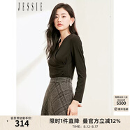 JESSIE 性感交叉V領不規(guī)則下擺倒褶顯瘦小上衣女秋 黑色 S