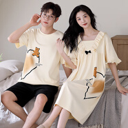 頌感睡衣女士夏季純棉睡裙連衣裙春秋情侶套裝男士夏天家居服短袖薄款 T8168 均碼 情侶二套裝（尺碼請留言）
