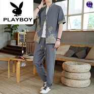花花公子（PLAYBOY）純棉男套裝夏季短袖中國風(fēng)休閑復(fù)古大碼開衫兩件套潮流男士唐.裝 灰色【高品質(zhì)】 4XL