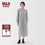 無印良品（MUJI） 女式 木棉混 雙層紗織長袖連衣裙女裝裙子25年春季長裙 BC2L3C5S 煙熏綠色條紋 M (160/84A)