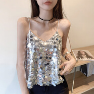 依慕琪歐美百搭無袖上衣夜店蹦迪短款性感辣妹閃閃亮片吊帶背心外 白色 現(xiàn)貨 S