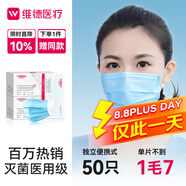 維德（WELLDAY）一次性醫(yī)用口罩成人50只/盒獨(dú)立包裝三層透氣防過敏防飛沫滅菌級(jí)