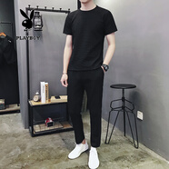花花公子短袖t恤男套裝夏季仿亞麻半袖體丅恤男長(cháng)褲一套衣服冰絲成熟男裝 黑色 M
