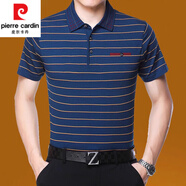 皮爾卡丹（pierre cardin）桑蠶絲短袖t恤男士爸爸裝翻領(lǐng)條紋冰I絲體恤上衣夏季薄款寬松大碼 藍(lán)色 3051 S 165/84A