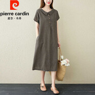 皮爾卡丹日韓女裝2025夏裝新款韓版大碼格子短袖寬松中長(cháng)款透氣棉麻連衣裙 黑格 XL 【建議125-140斤】