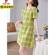 皮爾卡丹（pierre cardin）2025夏季新款高端洋氣小個(gè)子韓版休閑格子毛須短袖連衣裙女 綠色 M 100斤內
