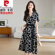 皮爾卡丹高檔桑蠶絲連衣裙女2025夏季新款v領(lǐng)收腰寬松真絲裙子女大擺 黑色 XL 120-130斤
