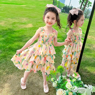 女童沙灘吊帶裙夏季2025新款兒童公主裙小女孩寶寶洋派蛋糕洋裝 杏色[花朵] 100 cm