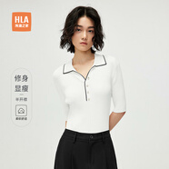 海瀾之家（HLA）短袖針織衫女裝25春季新款精致紐扣經(jīng)典翻領(lǐng)半開襟上衣服女士毛衣 本白鑲拼X6 S /155/80A建議85-100斤