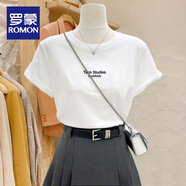 羅蒙（ROMON）2025新款女裝正肩純棉短袖t恤時尚百搭減齡洋派白色圓領上衣夏季 白色(Taes Studies小字母 L 建議【109-120斤】