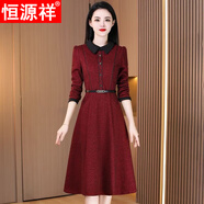 恒源祥2023新款春秋冬中年毛呢長袖連衣裙女高端名牌簡約加厚中長款裙子 紅色 M