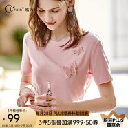 Olrain歐芮兒立體刺繡蝴蝶T恤夏季新款圓領短袖粉色寬松上衣設計感 粉色 M