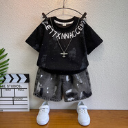G·DUCK KIDS兒童短袖套裝男孩酷帥2025夏裝童裝男童寶寶夏季時髦衣服兩件套潮 黑色【套裝】 90