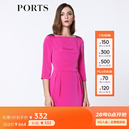 PORTS寶姿 春季新品女裝中袖中長收腰連衣裙YLV8D173NWB002 玫紅色 M (6)