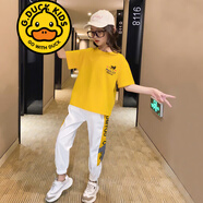 G.DUCKKIDS品牌童裝女童夏裝套裝短袖t恤褲子夏季兩件套洋氣女孩中大童衣服 獅子套裝 黃色 130