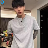 牧獸美式華夫格亨利領重磅短袖t恤男夏季寬松潮流五分半袖高街體恤衫 淺灰色 M