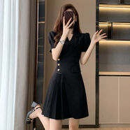 法式小香風(fēng)白色連衣裙夏季女裝裙子新款夏氣質(zhì)顯瘦百褶西裝裙女 黑色 1236 M  【建議100斤內】