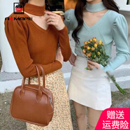 AEMAPE泡泡袖打底衫女裝掛脖毛衣女2025春秋冬季時尚針織衫女心機 豆綠色 M _100-115斤