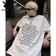 花花公子（PLAYBOY）高街潮牌字母印花拼接三條桿短袖T恤男女款ins夏季純棉情侶裝上衣 白（QC61英文圖章印 前） S