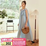 Olrain歐芮兒棕色無袖連衣裙女夏季新款寬松度假風(fēng)掛脖裙子沙灘裙 灰藍色 L