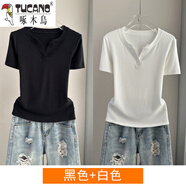 啄木鳥(niǎo)（TUCANO）螺紋棉短袖T恤女洋氣正肩上衣2025V領(lǐng)設計感小眾歐貨修身短袖小衫 (黑色+白色)兩件裝 2XL (建議130-145斤)