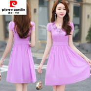 皮爾卡丹（pierre cardin）雪紡連衣裙女夏2021新款修身刺繡鑲鉆蕾絲V領(lǐng)氣質(zhì)中長(cháng)款短袖A字裙 淺紫色 M 【建議100斤以?xún)取?
                                         title=